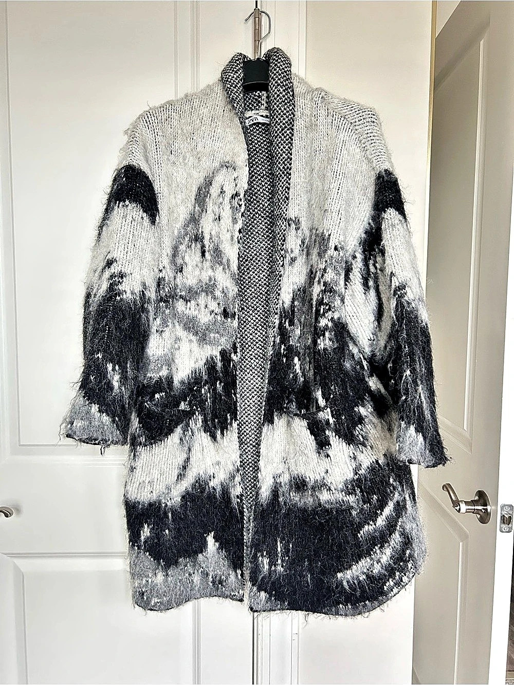 Zara Landscape Open Front Knit Coat — Black, Gray, and White